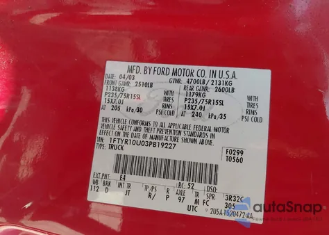 2003 Ford Ranger Edge/Xl/Xlt z USA, uszkodzony, nr VIN 1FTYR10U03PB19227